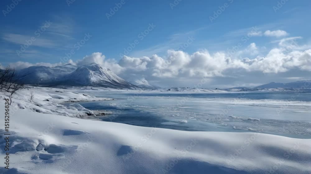 Frozen lake landscape with mountains under a blue and cloudy sky, winter scenery with ice formations and snowy shoreline Frozen lake landscape with mountains under a blue and cloudy sky, winter scenery with ice formations and snowy shoreline