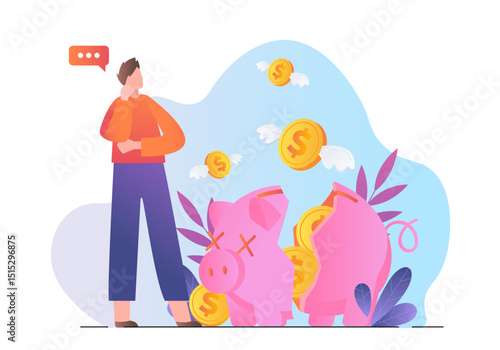 A man stands beside broken piggy banks with flying coins in a flat cartoon style on a white and blue background. Concept of financial loss. Vector illustration