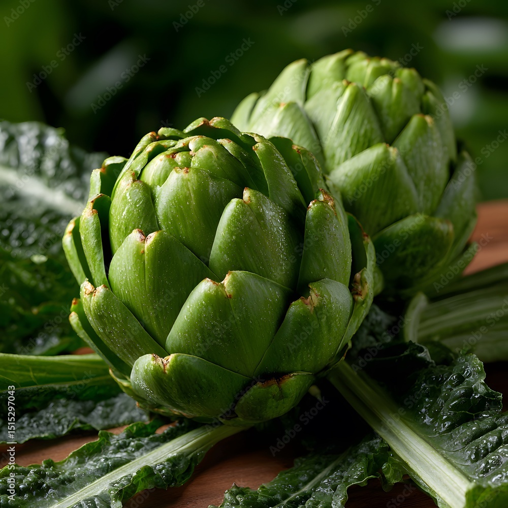 Two fresh green artichokes, close-up, on a wooden surface with leaves Two fresh green artichokes, close-up, on a wooden surface with leaves