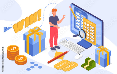 A person celebrates winning an online lottery with tickets, coins, cash, and gifts on a white background, showing digital success and fortune concept. Vector illustration