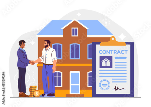 Two men shaking hands in front of a house with a large contract document, coins nearby, flat style, white background. Concept of property sale and agreement. Vector illustration