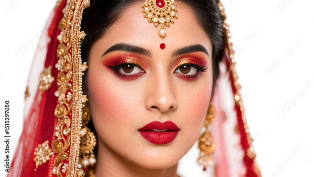 Fototapeta premium Stunning Bridal Makeup Look Red & Gold Indian Wedding Beauty