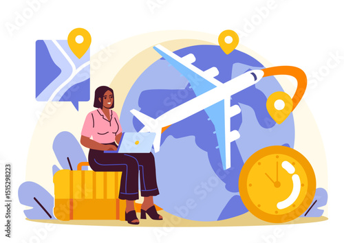 Woman sitting on luggage using laptop with airplane, globe, map pins, and clock in background, representing travel planning and global connectivity. Vector illustration
