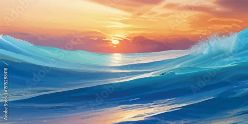 Abstract Watercolor Rendering of Calm Ocean Waves with a Subtle Sky Reflection. Contemporary Watercolor Design of Ocean Movement with Expansive Atmospheric Sky View