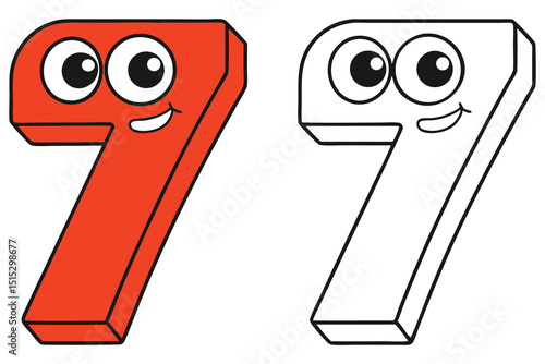 Cartoon number seven shows cheerful face in color and outline against a white backdrop