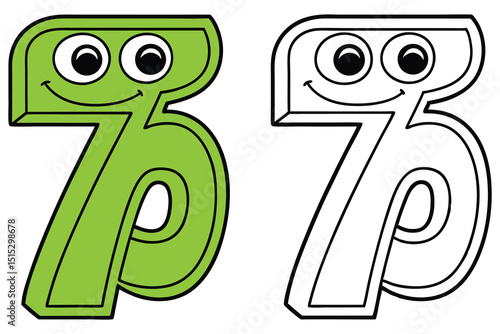 Cartoon number seven with eyes and smile stands beside a coloring page version