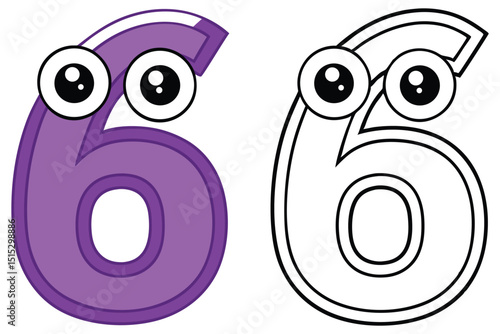 Cartoon number six with googly eyes showcases vibrant purple hues and a simple black outline