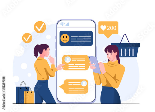Two women interacting with a large smartphone screen, sending messages and using a tablet, on a white background. Concept of communication and online shopping. Vector illustration