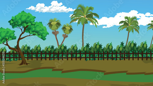 Indian Village Background Vector with Palm Trees, Fence, Green Fields, and Cartoon Tree – Perfect Rural Nature Scene for Animation, Storytelling, Educational Explainers, and YouTube Videos

