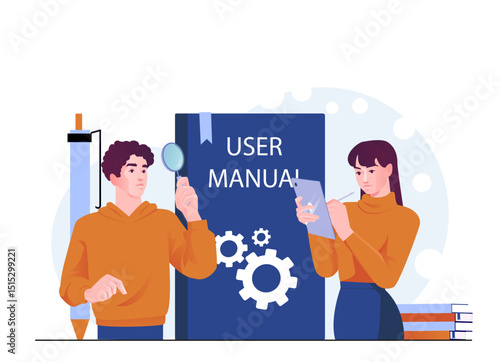 People examining user manual, one with magnifying glass and the other writing on tablet, in flat design style on white background. Concept of teamwork and instruction learning. Vector illustration