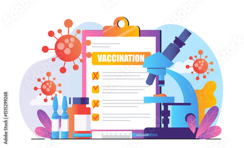 Colorful medical illustration showing a vaccination checklist, microscope, virus particles, and vaccine vials on a white background. Concept of immunization. Vector illustration