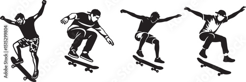 Skater mid air trick silhouette style, Skateboarder jumping action pose black art