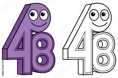 Cartoonish number fortyeight smiles with black outlined white counterpart, isolated on white, demonstrating simple counting