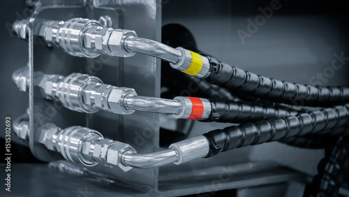 Foto Bundle of pipes connected to industrial hydraulic pneumatic machine, industrial