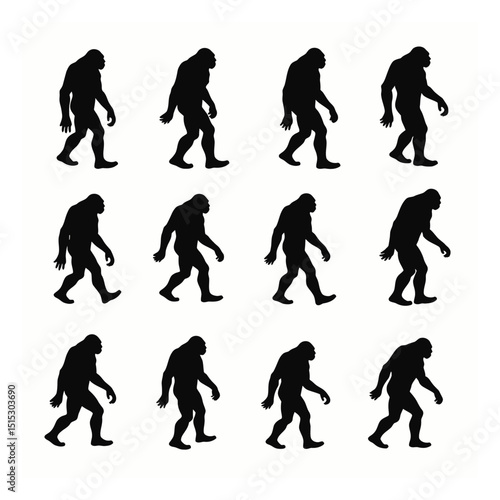 Twelve bigfoot silhouettes walking cycle animation set