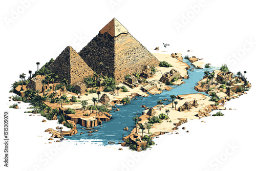 Isometric Map of Ancient Egypt with Pyramids and Nile isolated