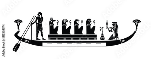 Egyptian hieroglyphs with stories of gods and goddesses. Rituals of passage in the afterlife after the death of the gods and goddesses on boats on the Nile.