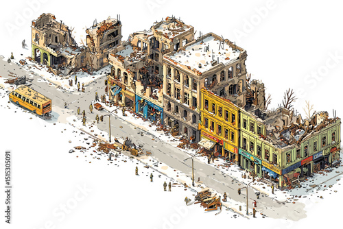 Isometric Scene of Bombed City Street During War isolated