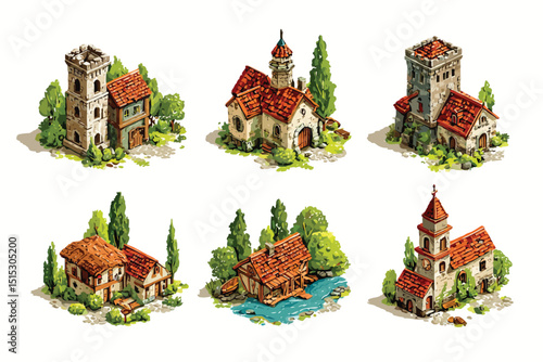 Isometric Strategy Game Tiles with Castles and Village isolated