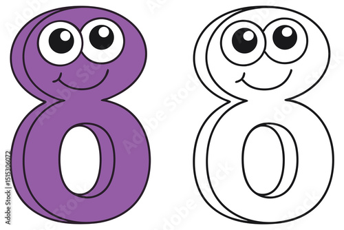 The smiling purple eight cartoon character is paired with a black and white outline version