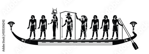 Relief from KV 17, Tomb of Sety I, Egyptian Hieroglyphs with stories of gods and goddesses. Ritual journey of the gods and goddesses on a boat on the Nile.