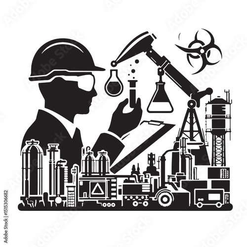 Black Color Chemical Engineering Silhouette Vector Illustration, Solid White Background