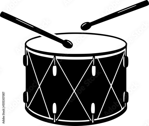 A black and white drawing of a drum icon drum and drumsticks
