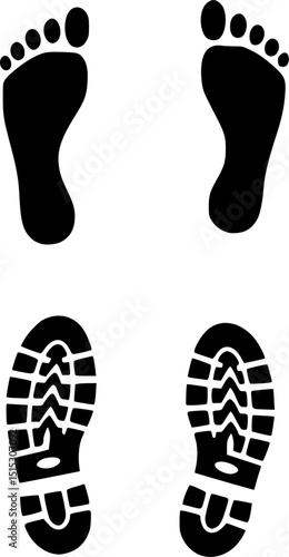 Footprint icon. Human barefoot or shoes footsteps. Foot track silhouettes. Boot and sneaker sole prints. Footwear trail shapes. Leg traces collection. Feet imprint. Vector symbol set
