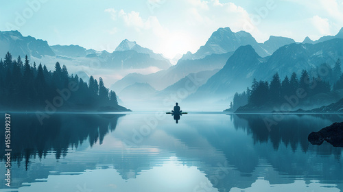 Minimalist nature scene with mountains, a calm lake reflection, and a seated figure meditating in silence.