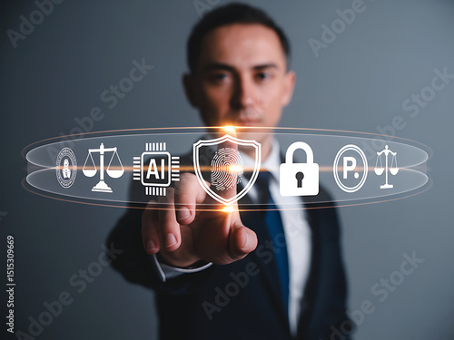 Executive pressing transparent legal-tech symbols in air showing advanced digital ID verif