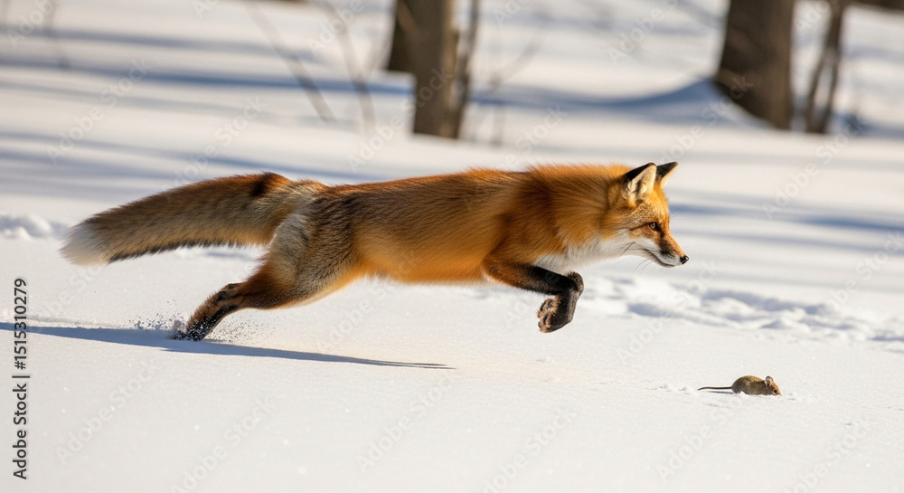 Fototapeta premium Red Fox in Winter Wonderland Majestic Leap Through Snowy Landscape