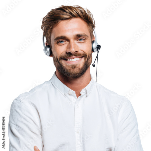 Professional White Caucasian male customer service representative, headset and computer, supportive posture, friendly expression, professional studio photography, isolated white background, 