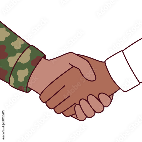 Illustration showing handshake between a black skinned person in camouflage and another dark skinned  with formal clothing, expressing military respect, unity, or support