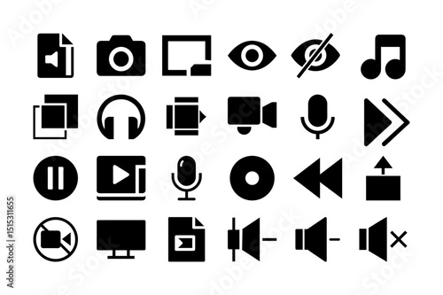 Media and playback solid fill icons set