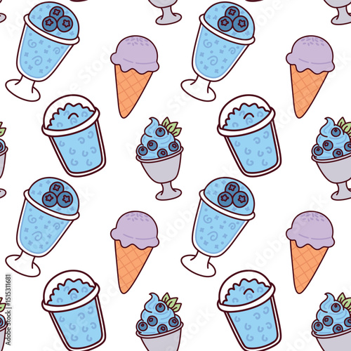 Pattern with blue ice cream cones, cold drinks, and frozen desserts in style with pastel colors