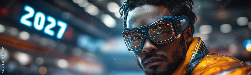 Man wearing glasses and a yellow jacket number 2027 banner copy space Man wearing glasses and a yellow jacket number 2027 banner copy space