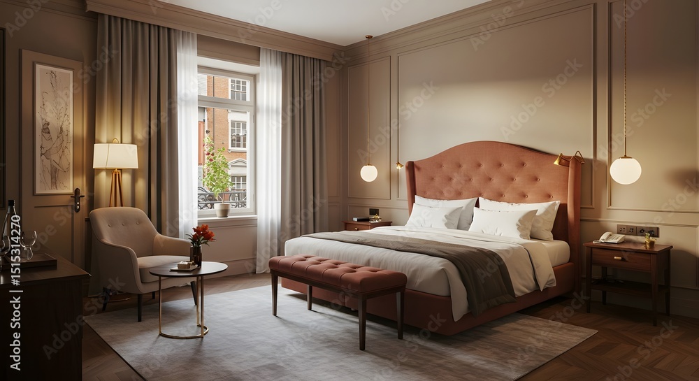 Fototapeta premium Cozy Bedroom Interior with Bed and Armchair Near Window