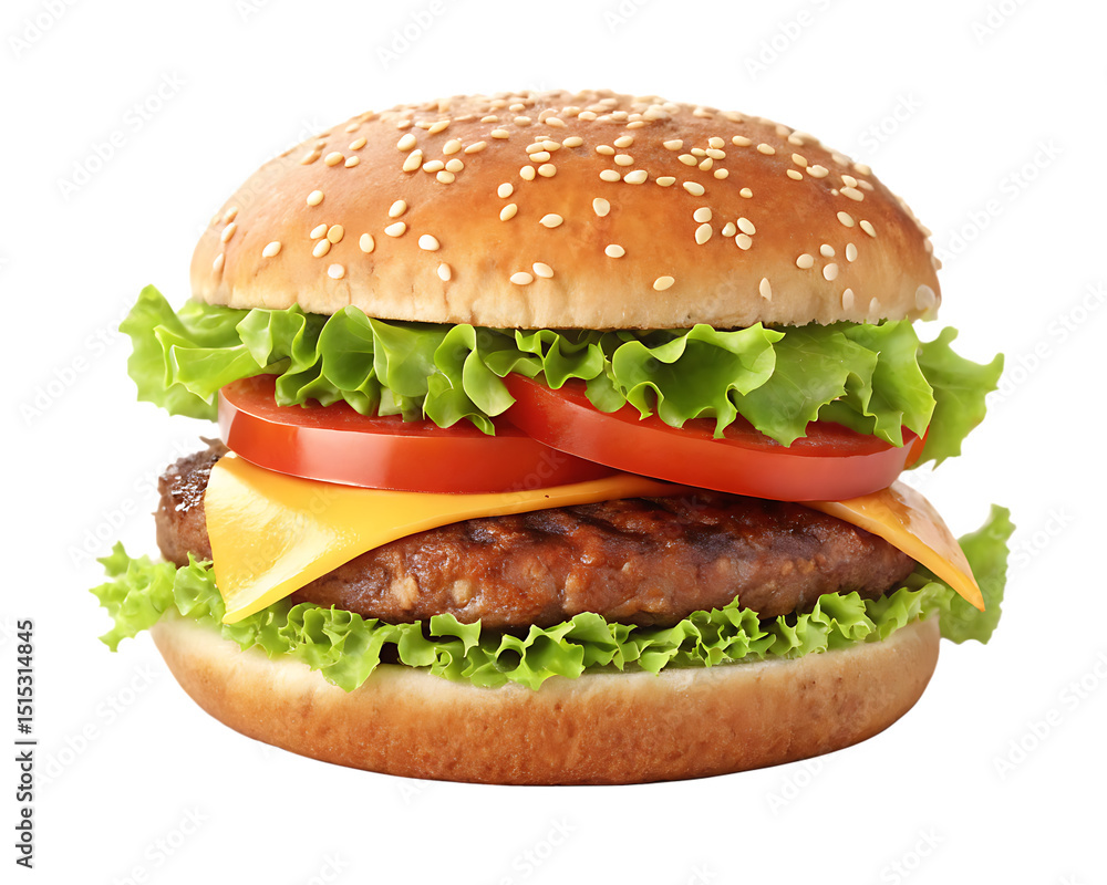 A close up view of a delicious looking burger with sesame seeds on the bun and fresh ingredients A close up view of a delicious looking burger with sesame seeds on the bun and fresh ingredients
