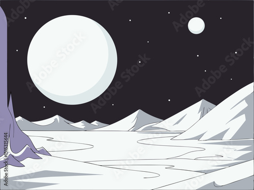 A massive white dwarf star illuminates a frozen alien world, casting stark light over its snow-covered, eternal winter landscape.