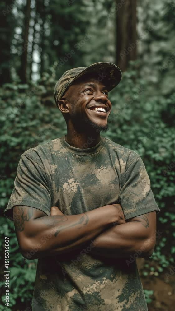 An African American man wearing a camouflage cap and standing in a wooded environment with his arms crossed An African American man wearing a camouflage cap and standing in a wooded environment with his arms crossed