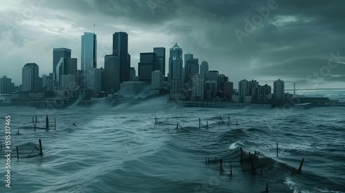 City skyline submerged in water under stormy sky, post-apocalyptic scene