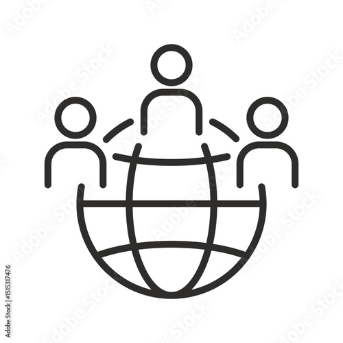People group with globe icon. Linear vector illustration. Community of different nationalities. Simple symbols. Population of the earth.