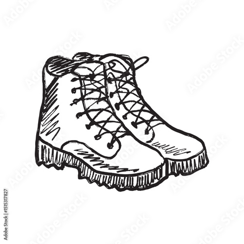 A pair of hiking boots for outdoor walking, hiking, climbing, with support and protection in black brush stroke texture isolated on white. Hand drawn vector sketch illustration in vintage charcoal ink
