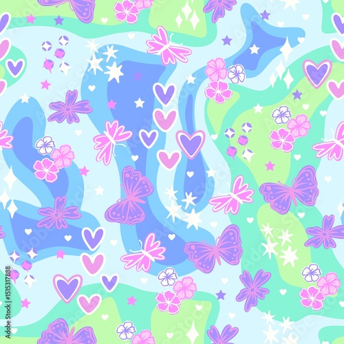 butterflies and hearts pattern design on colorful background