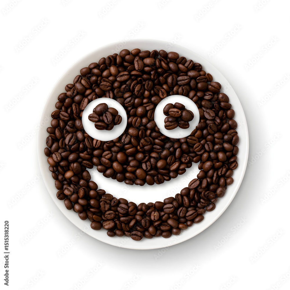 Smiling Face Made of Dark Roasted Coffee Beans on White Background, Cheerful Morning Coffee Concept, Coffee Promotions and Lifestyle Themes, Symbol of Energy, Good Mood, and Coffee Lovers' Culture Smiling Face Made of Dark Roasted Coffee Beans on White Background, Cheerful Morning Coffee Concept, Coffee Promotions and Lifestyle Themes, Symbol of Energy, Good Mood, and Coffee Lovers' Culture