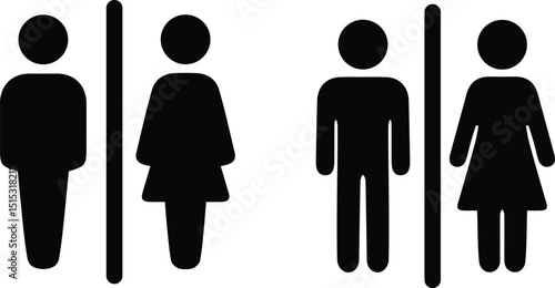 Male and female toilet signs and gender symbols in solid black for restroom identification and public signage