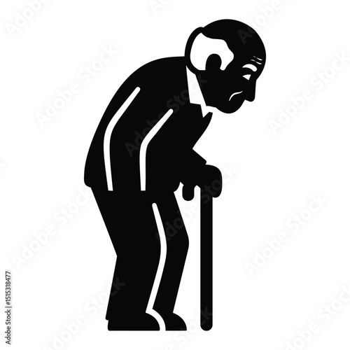 A somber black silhouette of an old man with a cane, depicting aging, vulnerability, or the challenges of elderly life.