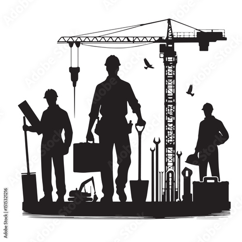 Black Color Construction Silhouette Vector Illustration, Solid White Background