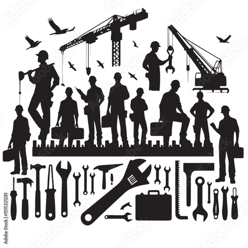 Black Color Construction Silhouette Vector Illustration, Solid White Background