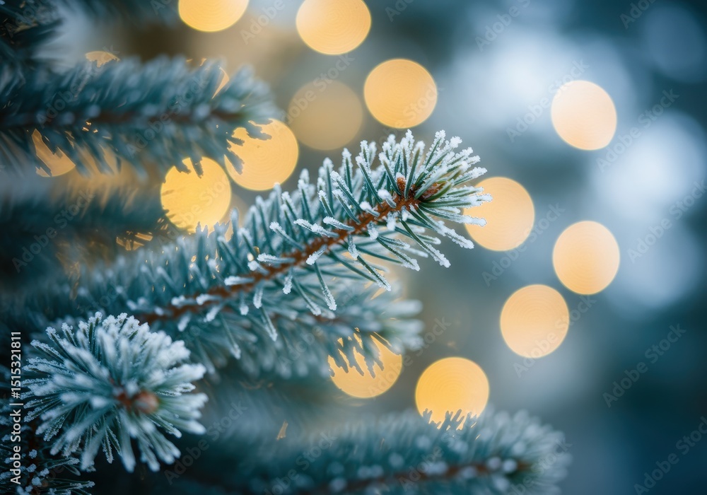 Frosty pine branch with blurred christmas lights in the background Frosty pine branch with blurred christmas lights in the background